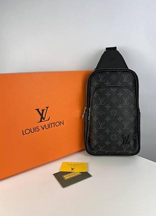 Чоловіча сумка слінг louis vuitton, нагрудна туристична сумка louis vuitton, шкіряна сумка через плече, ділова чорна сумка louis v