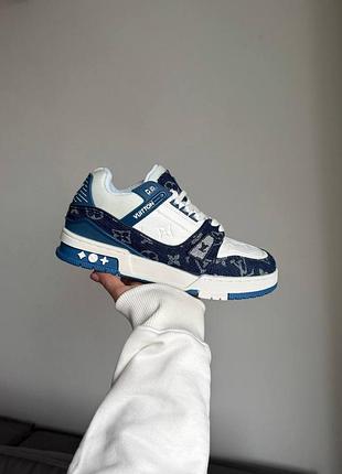 Кросівки louis vuitton trainer sneaker white/blue, стильні кросівки louis vuitton trainer у білому та синьому кольорах 45
