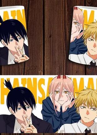 Чашка біла керамічна "chainsaw man" людина бензопила ост