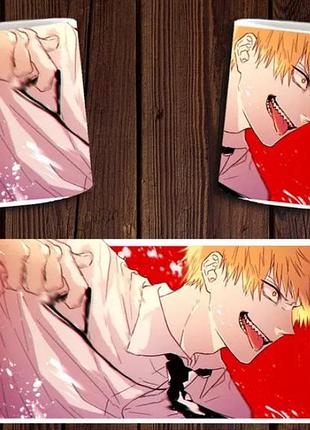 Чашка біла керамічна "chainsaw man" людина бензопила ост