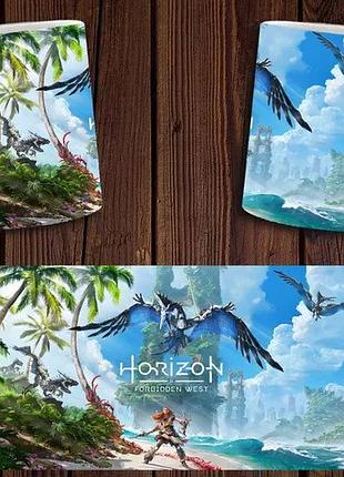 Чашка біла керамічна з принтом horizon forbidden west заборонений захід ост