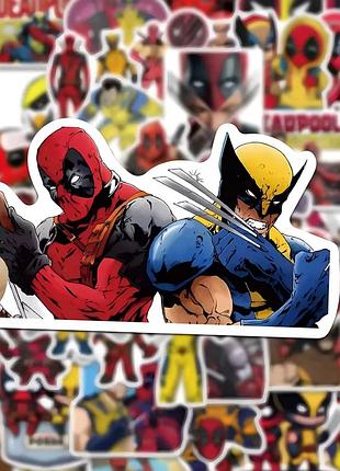 Большой набор виниловых наклеек, стикеров дедпул и росомаха deadpool 3 (50шт) марвел ost