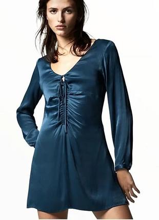 Zara сатинова сукня міні з куліскою та v-вирізом, 100% віскоза, s