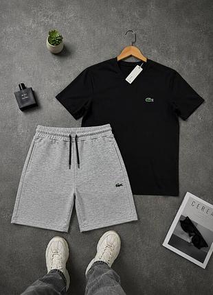 Спортивный костюм lacoste комплект шорты + футболка лакоста черный серый