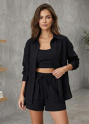 Костюм женский летний тройка рубкашка с майкой и шорты fashion 6931 20581 черный