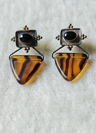 Винтажные серебряные серьги (застежки не серебряные) с вставкой из камня, подвеска под черепаховый панцирь