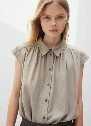 Женская льняная рубашка оверсайз без рукавов h&amp;m xs бежевая