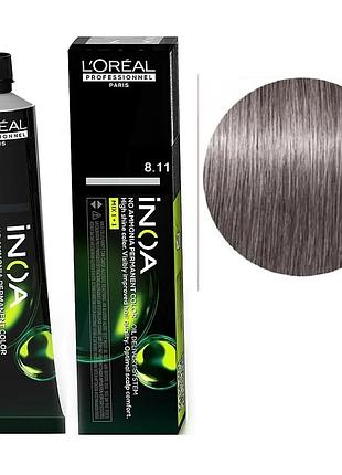 Стійка фарба для волосся l'oreal professionnel paris без аміаку inoa 8.11 світлий блондин насичено-попелястий 60 мл