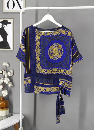 Блуза вільного крою з декоративною зав'язкою "dorothy perkins" синя з барковим принтом, uk12/eur40.