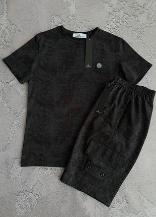 Мужской летний комплект stone island мраморный: футболка + шорты карго с патчем, костюм на лето