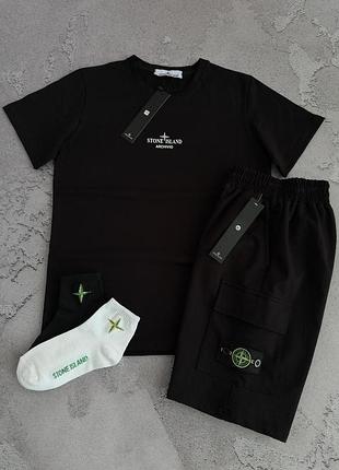 Мужской летний комплект stone island черный футболка + шорты карго с патчем, костюм на лето
