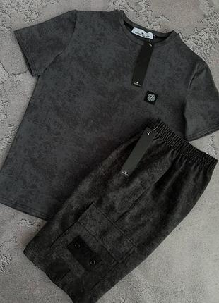 Мужской летний комплект stone island мраморный: футболка + шорты карго с патчем, костюм на лето