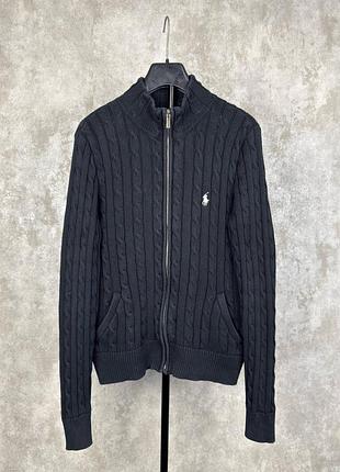 Чорний в'язаний косами кардиган ralph lauren sport на блискавці з логотипом поні розмір m