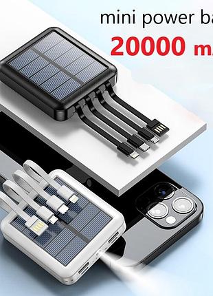 Mini-powerbank 20000 mah : солнечная панель, 4 кабеля, быстрая зарядка.10 w