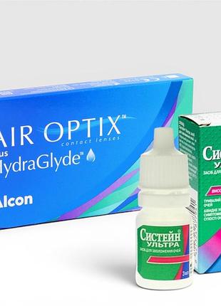 Комплект контактні лінзи для зору гідрогелеві air optix plus hydraglyde + зволожувальні краплі для очей systane ultra 3 мл -2.0