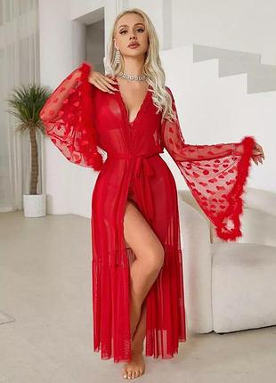 Халат valentino, сексуальный прозрачный халат-накидка, длинный сексуальный халат с кружевными рукавами красный, m