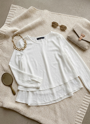 Блуза женская двойная zara basic белая, размер xs, легкий шифон (made in turkey)