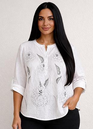 Женская блуза з вышивкой хлопок м белая levisha 26043 (полномерная)
