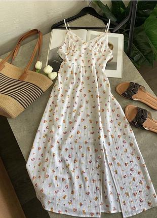Белое платье миди длины на тонких бретелях h&m
