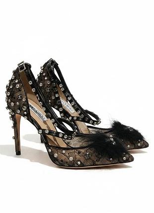 Jimmy choo, модель odette 100, чорні мережевні туфлі, з кристалами та пір'ям, розмір 39.