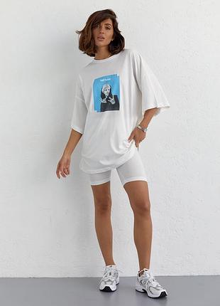 Костюм с футболкой oversize и велосипедками - молочный цвет, m (имеется размеры)