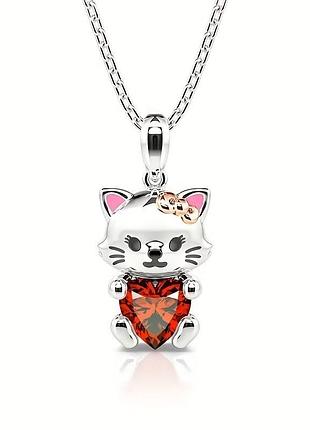 Серебристый кулон с цепочкой котик с красным сердцем фианитом 2.8 см 50 см
