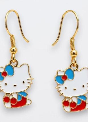Детские серьги sanrio «hello kitty» (хелло китти) золотистого цвета с эмалью и застежкой из нержавеющей стали