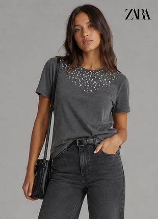 Новая прямая серая футболка со стразами zara s