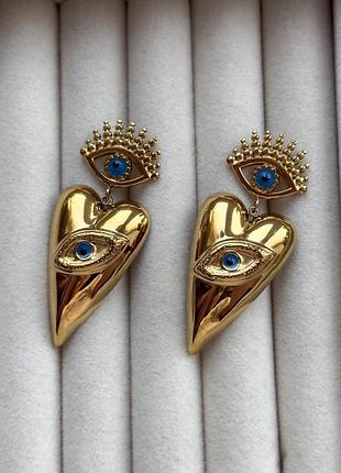 Золоті сережки серця з блакитними очами позолота 18k