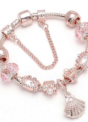 Браслет із рожево-золотим намистинами шармами в стилі пандора