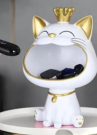 Интерьерная статуэтка кот с короной для хранения мелочей белый