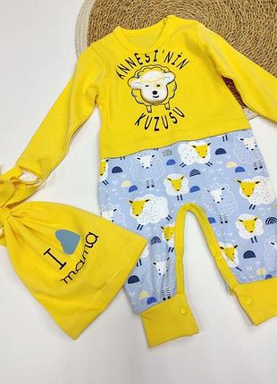 Чоловічок на хлопчика, костюм на хлопчика, набір в пологовий на хлопчика (ромпер+шапочка) на 0-3 міс, 56 см