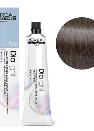 Гель-фарба безаміачна тонуюча l'oreal professionnel paris на кислотній основі dia light 7.01 блондин натуральний попелястий 60 мл
