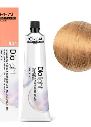 Гель-краска безаммиачная тонирующая l'oreal professionnel paris на кислотной основе dia light 8.34 светлый перламутровый блондин 60 мл