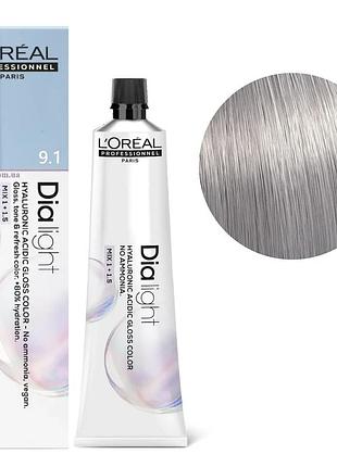 Гель-фарба безаміачна тонуюча l'oreal professionnel paris на кислотній основі dia light 9.1 дуже світлий блондин попелястий 60 мл