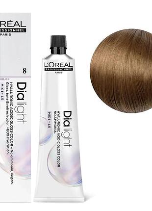 Гель-фарба безаміачна тонуюча l'oreal professionnel paris на кислотній основі dia light 8 світлий блондин 60 мл