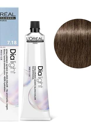 Гель-фарба безаміачна тонуюча l'oreal professionnel paris на кислотній основі dia light 7.18 блондин попелястий мокка (шоколадний) 60 мл