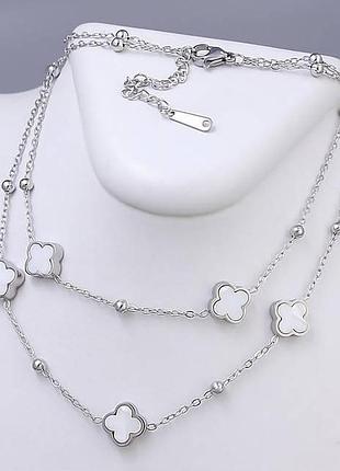 Двойное колье белый клевер, stainless steel, 39-44 см.