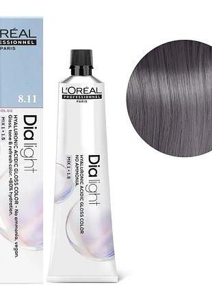 Гель-краска безаммиачная тонирующая l'oreal professionnel paris на кислотной основе dia light 8.11 светлый пепелистый блондин интенсивный 60 мл
