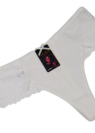 Высокие стринги с кружевом хлопок 4xl молочные lulola 6015