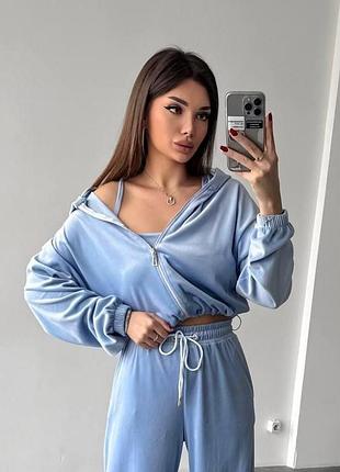 Женский велюровый костюм двойка кофта с капюшоном и штаны палаццо блакитний, 42/44