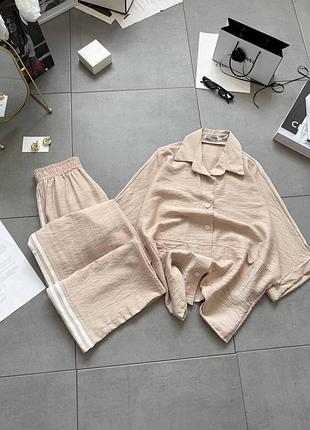 Жіночий костюм oversize жатий льон сорочка та штани великих розмірів беж, 52-54