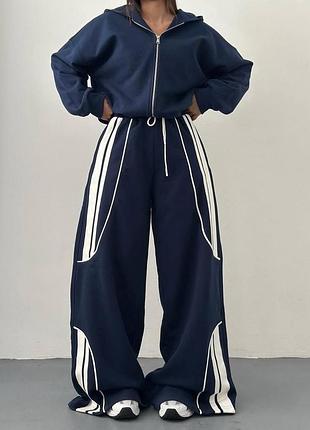 Жіночий спортивний костюм oversize з кишенями та затяжками premium темно-синій