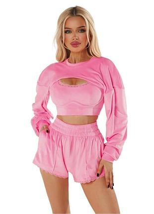 Женский костюм тройка велюр с кружевом total look 42-50
