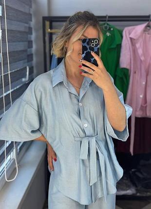 Женский костюм лен жатка рубашка и брюки oversize батал plus sizе блакитний, 48/52