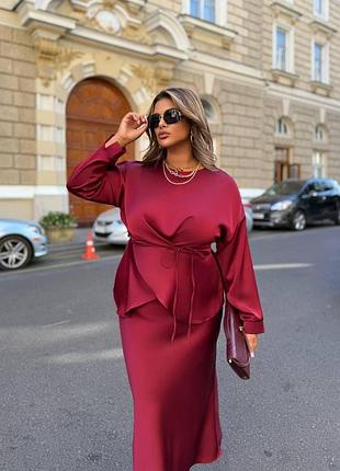 Женский костюм с юбкой миди королевский шелк элегантный батал plus size бордо, 58-60