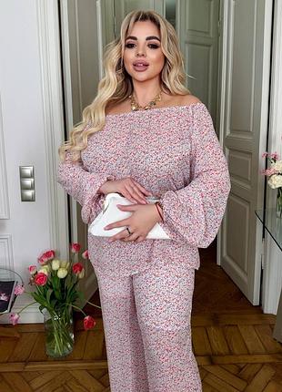 Женский костюм шифон принт цветочный легкий блуза и штаны батал plus size білий, 56-60