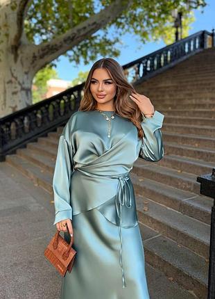 Женский костюм с юбкой миди королевский шелк элегантный батал plus size мор волна, 62-64.