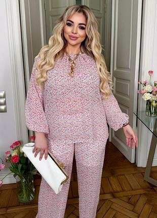 Женский костюм шифон принт цветочный легкий блуза и штаны батал plus size білий, 50/54