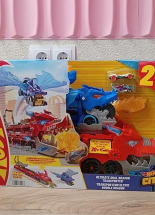 Игровой набор hot wheels city ultimemate t-rex transporter ( транспортер-трансформер два дракона )